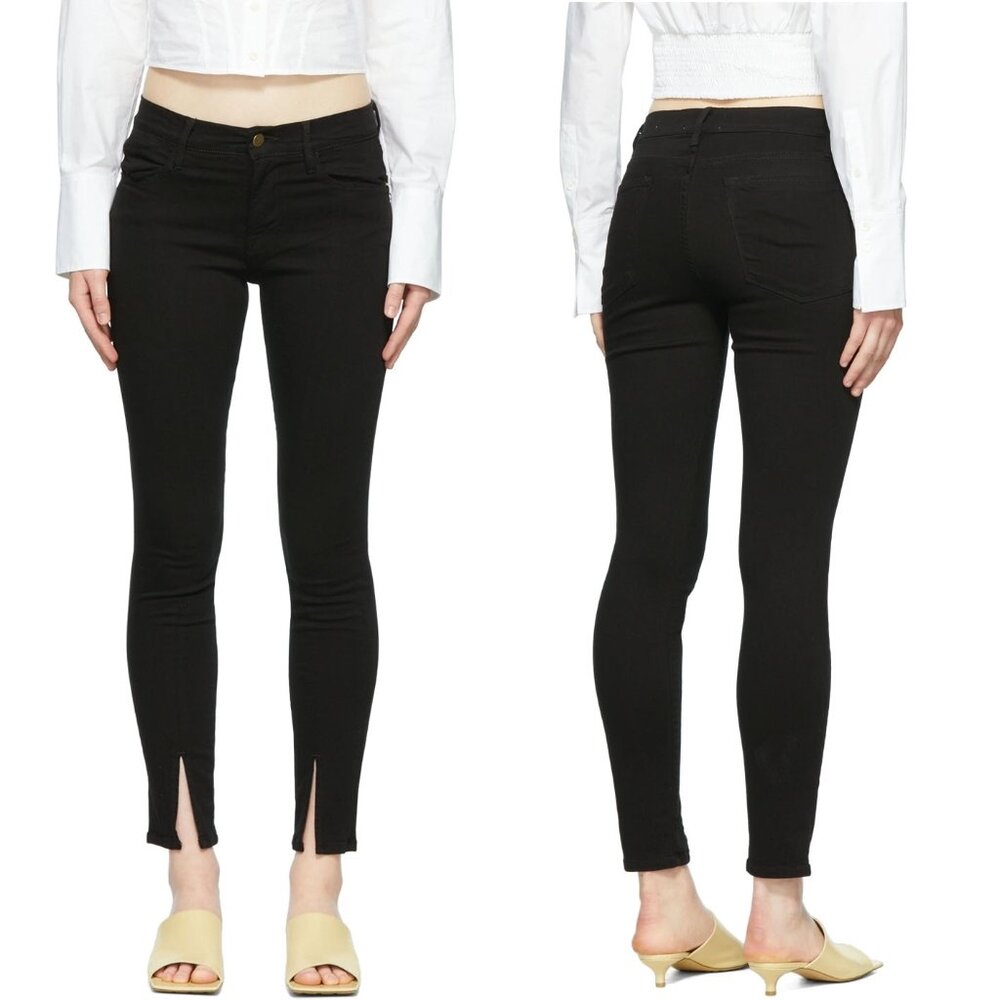 FRAME Le Skinny de Jeanne Split Hem Jeans 26 Black Center Seam Film Noir $229